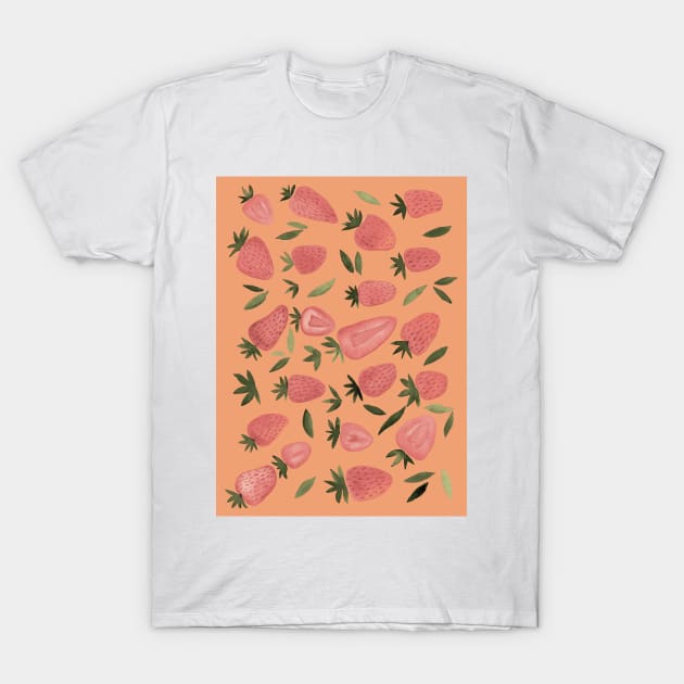 Watercolors strawberries - dusty pink on beige T-Shirt by wackapacka